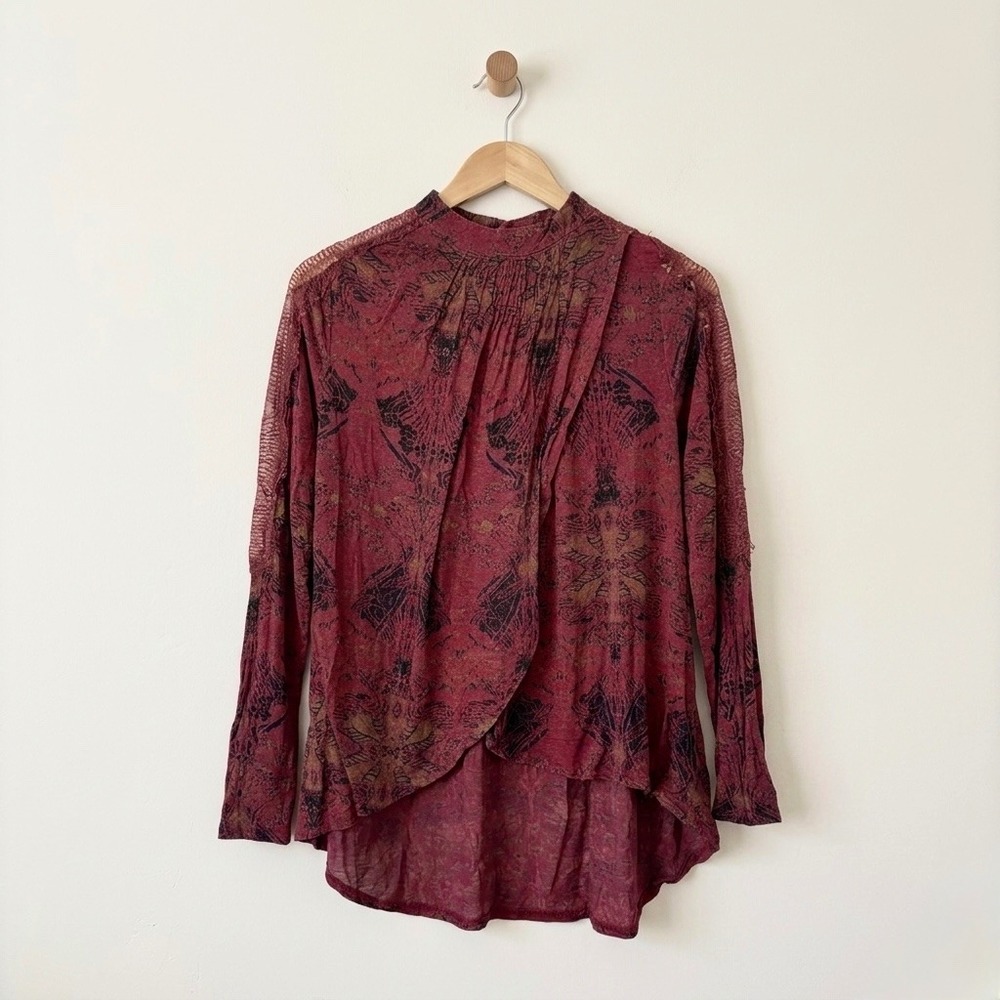 Free People Romantic Goth Tulip Tunic Large Burgundy‎ Medallion Lace High Neck